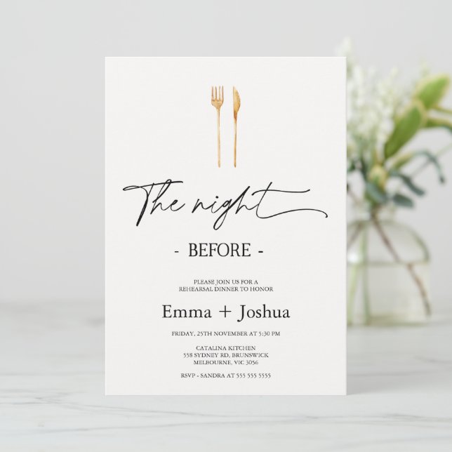 Invitación Cena de ensayo fotográfico con cubiertos de oro mi (Anverso de pie)