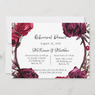 Invitación Cena de ensayo general de rosas rojas borgoñas