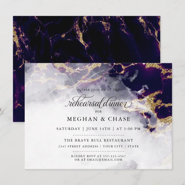 Invitación Cena de ensayo | Geode acuarela profunda de Ametil (Anverso / Reverso)