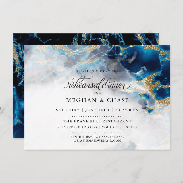 Invitación Cena de ensayo | Geodo de acuarela de zafiro azul (Anverso / Reverso)