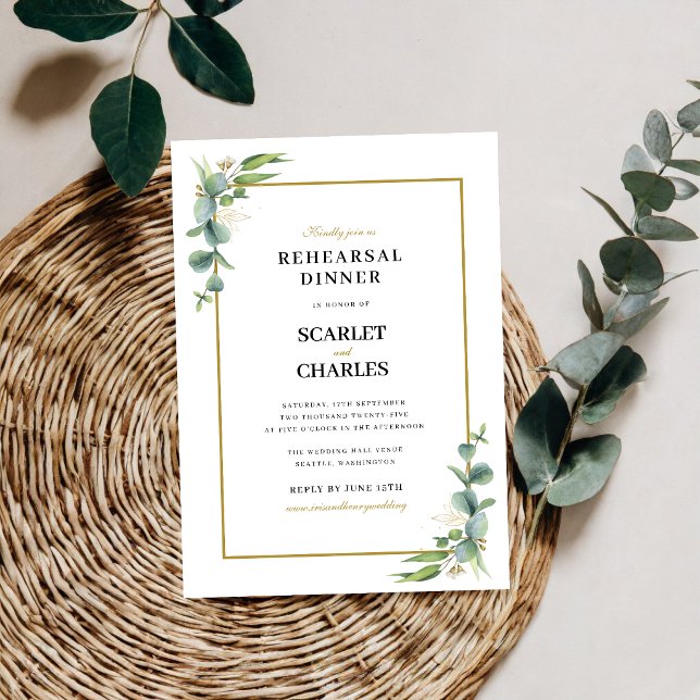 Invitación Cena de ensayo geométrica con vegetación de eucali (Eucalyptus greenery geometric rehearsal dinner invitation welcomes guests with modern elegance.)