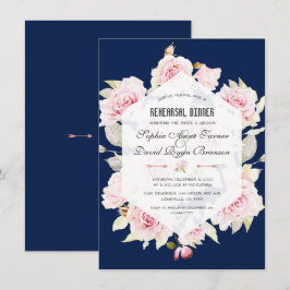 Invitación Cena de ensayo geométrico azul de la Marina Floral