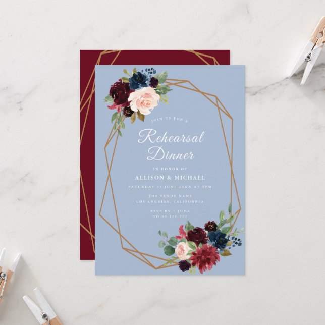 Invitación cena de ensayo geométrico azul polvoriento (Anverso/Reverso In Situ)