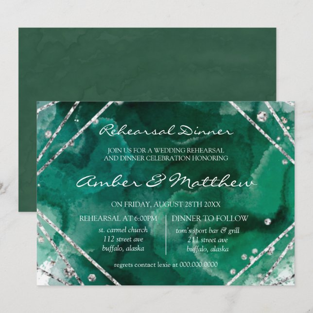 Invitación Cena de ensayo geométrico verde y plateado (Anverso / Reverso)