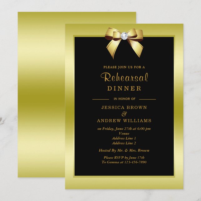 Invitación Cena de Ensayo Glam Gold Bow & Black (Anverso / Reverso)