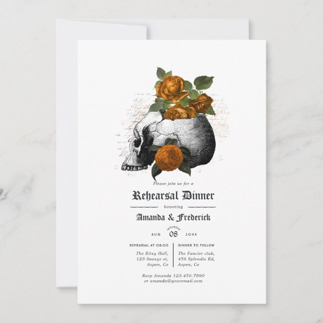 Invitación Cena de ensayo gótico floral naranja y negro (Anverso)