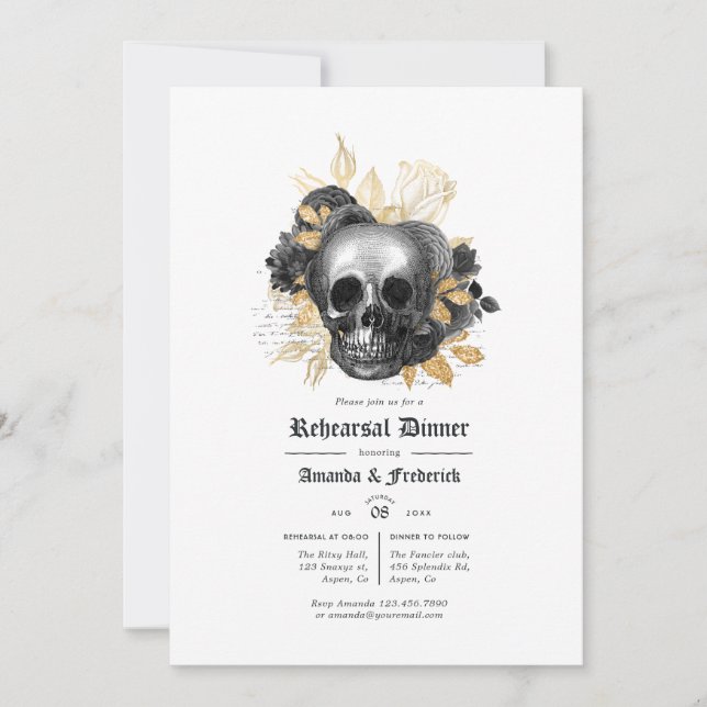 Invitación Cena de ensayo gótico floral negro y dorado (Anverso)