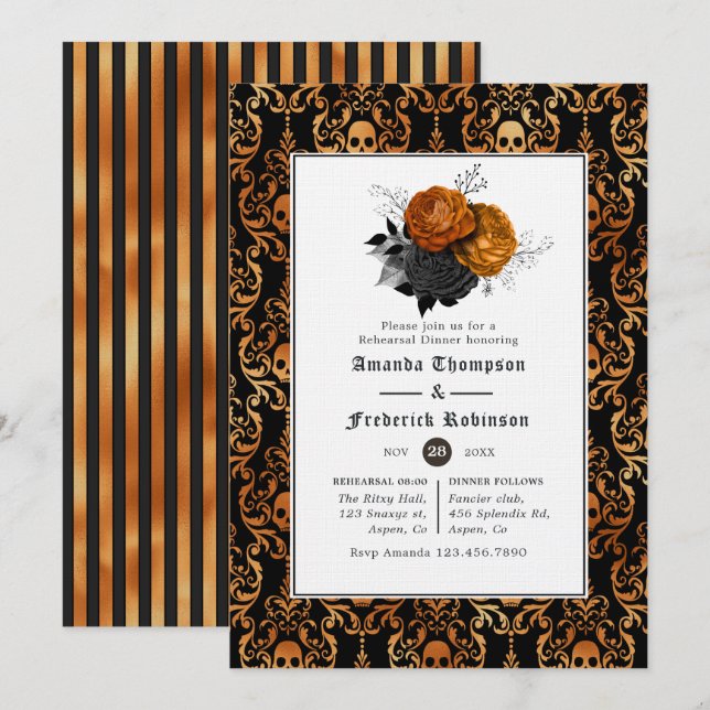 Invitación Cena de ensayo gótico floral negro y Naranja (Anverso / Reverso)
