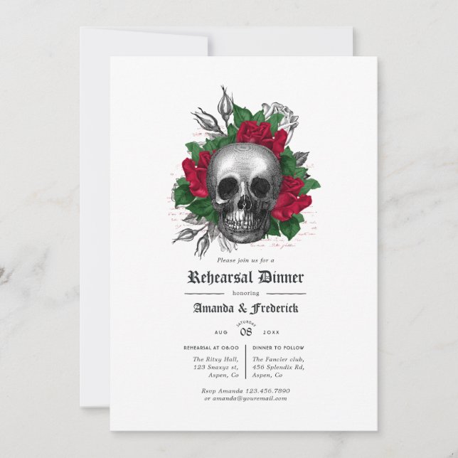 Invitación Cena de ensayo gótico floral rojo y negro (Anverso)