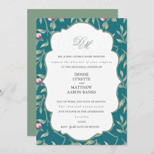 Invitación Cena de ensayo Harbour Blue y Basil Green (Anverso / Reverso)