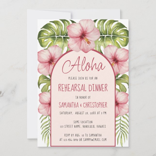 Invitación Cena de ensayo hawaiano Aloha rosa floral tropical (Anverso)