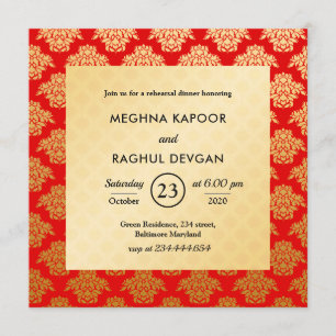 Invitación Cena de ensayo india del Patrón Oro Rojo Damasco