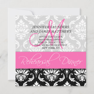 Invitación Cena de ensayo Invitar a Damask Monograma Rosa cal