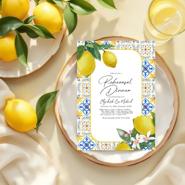 Invitación Cena de ensayo italiana con encanto mediterráneo l (Mediterranean Charm Lemon Italian Rehearsal Dinner Invitation)