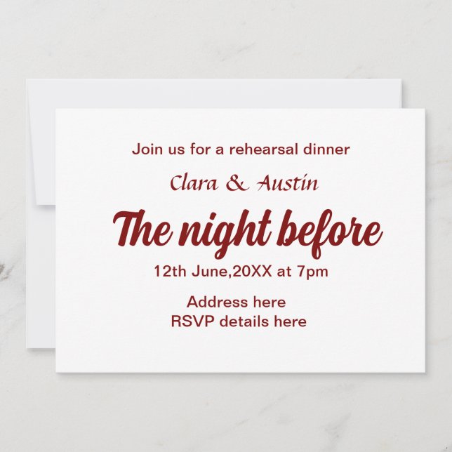 Invitación Cena de ensayo la noche anterior al mínimo (Anverso)