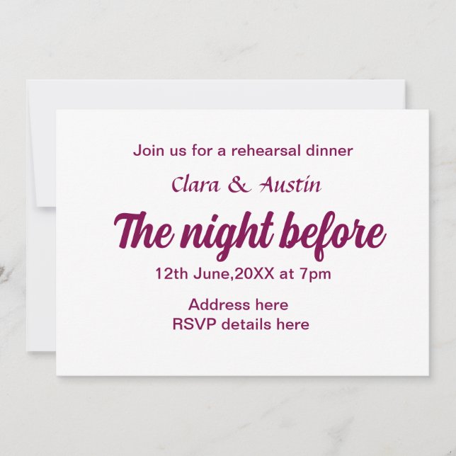 Invitación Cena de ensayo la noche anterior al mínimo (Anverso)