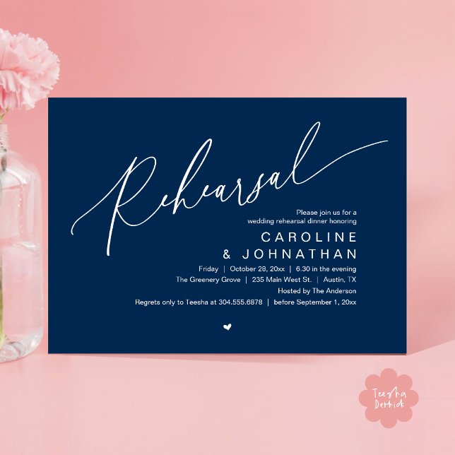 Invitación Cena de ensayo, la noche antes de la fiesta de cas (Romantic Rehearsal Dinner The Night Before Wedding Dinner Party Invitation Card PDF Navy Blue)