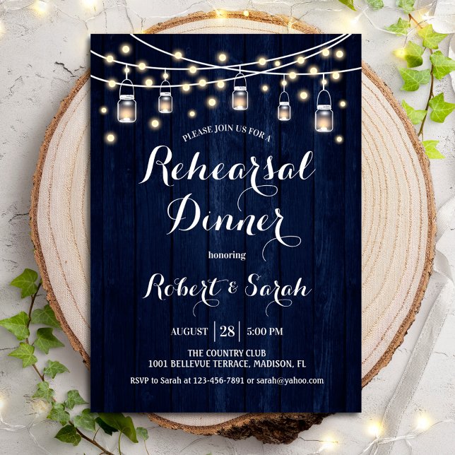 Invitación Cena de ensayo - Madera Rustica Azul de la Marina (Subido por el creador)