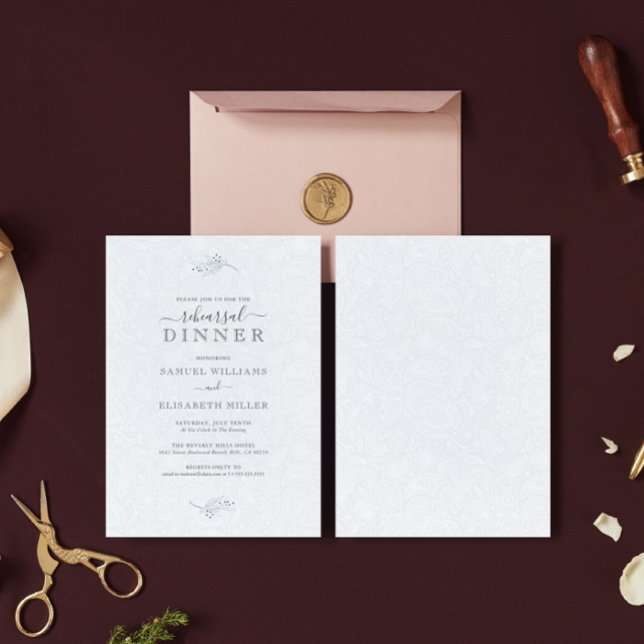 Invitación Cena de ensayo mínima de Black Plush White Paisley (Subido por el creador)