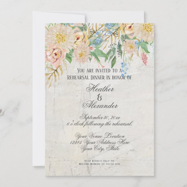 Invitación Cena de ensayo moderna acuarela Marble floral (Anverso)