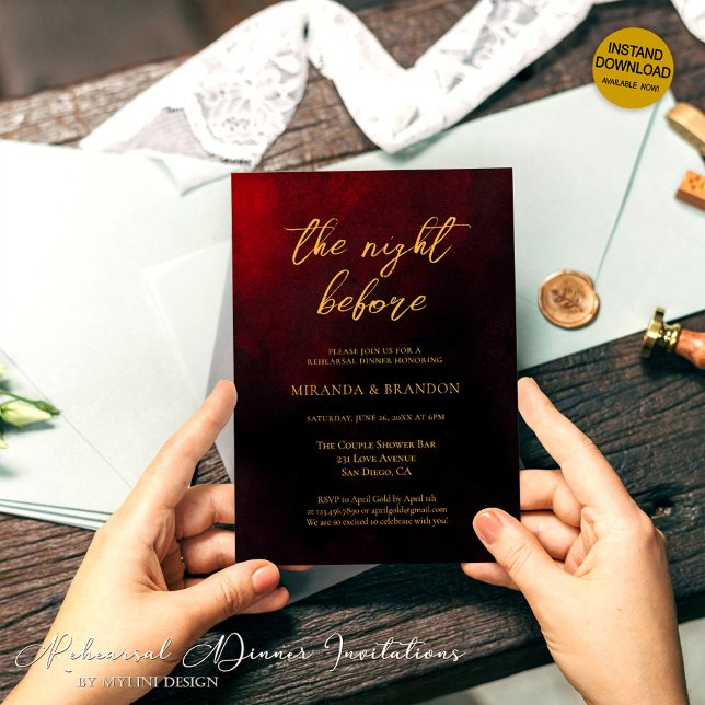 Invitación Cena de ensayo moderna de oro rojo y negro (Subido por el creador)