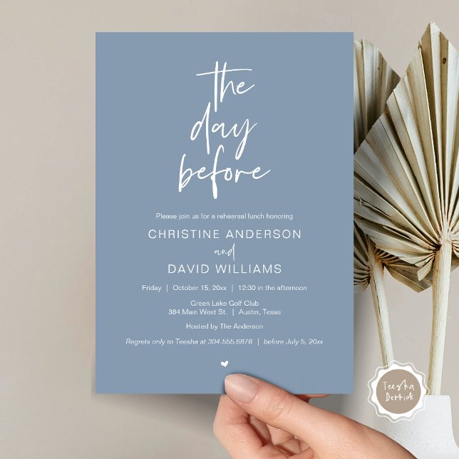 Invitación Cena de Ensayo Moderna, El día antes (The day before, Wedding Rehearsal Lunch Invitation Card, Modern Minimalist Script, Dusty Blue)