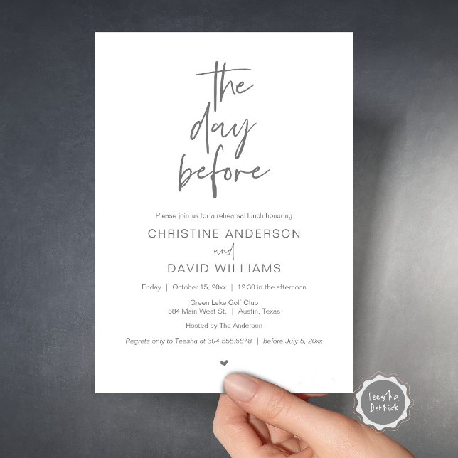 Invitación Cena de Ensayo Moderna, El día antes (The day before, Wedding Rehearsal Lunch Invitation Card, Modern Minimalist Script, Dark Grey)