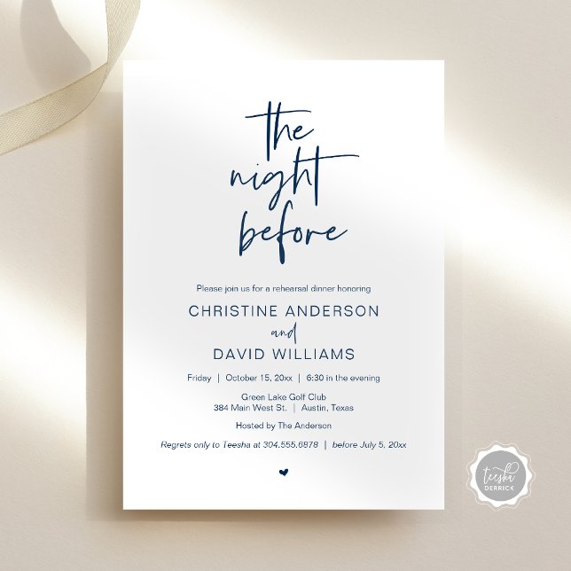 Invitación Cena de ensayo moderna, la noche antes de Invitati (The Night Before, Modern Wedding Rehearsal Dinner, Celebration Invitation Card, in Navy Blue)
