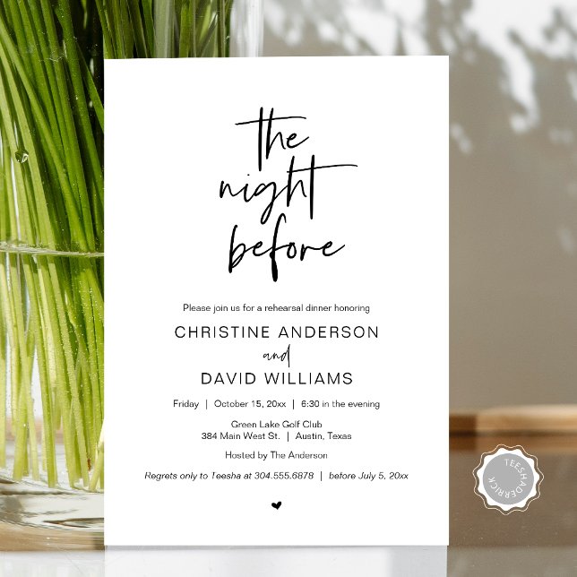 Invitación Cena de ensayo moderna, la noche antes de Invitati (The Night Before, Modern Wedding Rehearsal Dinner, Celebration Invitation Card, in Black and White)
