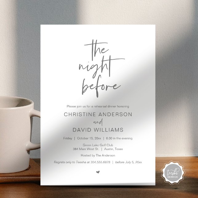 Invitación Cena de ensayo moderna, la noche antes de Invitati (The Night Before, Modern Wedding Rehearsal Dinner, Celebration Invitation Card, in Dark grey)