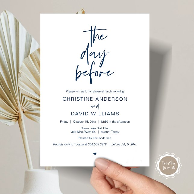 Invitación Cena de Ensayo Moderna, La víspera (The day before, Wedding Rehearsal Lunch Invitation Card, Modern Minimalist Script, Classy Navy Blue)