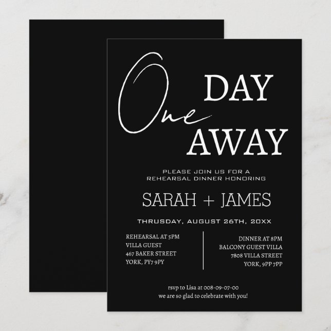 Invitación Cena de ensayo moderna negra de un día de duración (Anverso / Reverso)