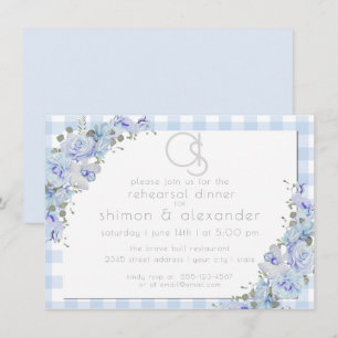 Invitación Cena de ensayo   Monograma Blue Gingham Floral