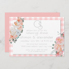 Invitación Cena de ensayo | Monograma Coral Gingham Floral