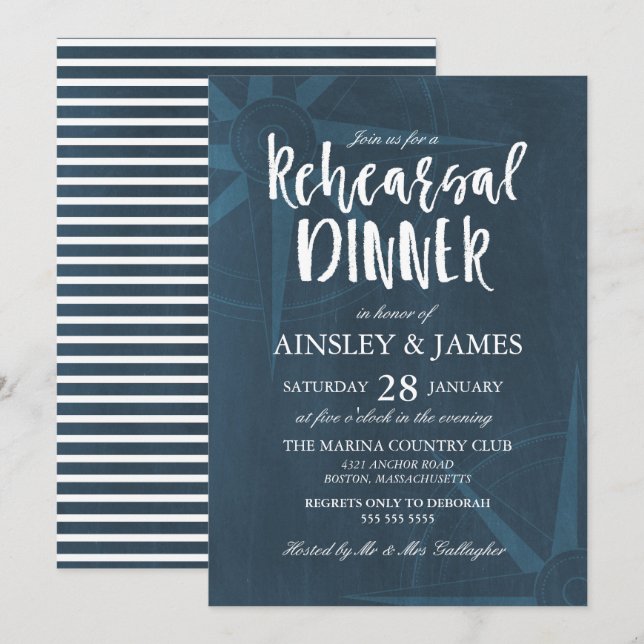 Invitación Cena de ensayo náutico de la brújula azul de la ma (Anverso / Reverso)