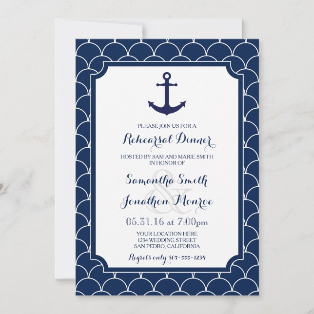 Invitación Cena de ensayo náutico de vieira azul de la marina (Anverso)