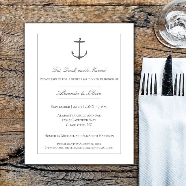 Invitación Cena de ensayo náutico simple | Blanco (White Simple Nautical Anchor Rehearsal Dinner Invitation)