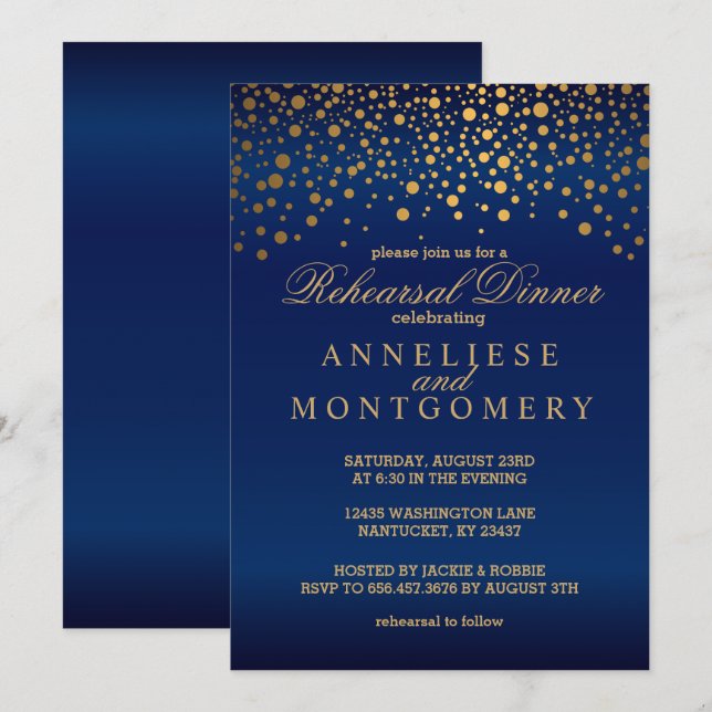 Invitación Cena de ensayo Navy Blue y Gold Confetti (Anverso / Reverso)