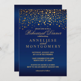 Invitación Cena de ensayo Navy Blue y Gold Confetti