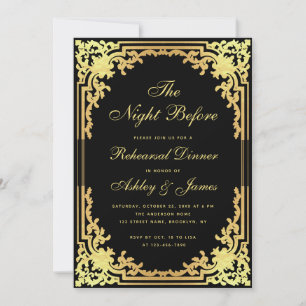 Invitación Cena de Ensayo Negra Falso Oro Elegante Vintage