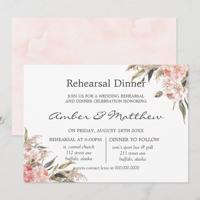 Invitación Cena de ensayo Neutral Boho Pink Peony Pampas (Anverso / Reverso)