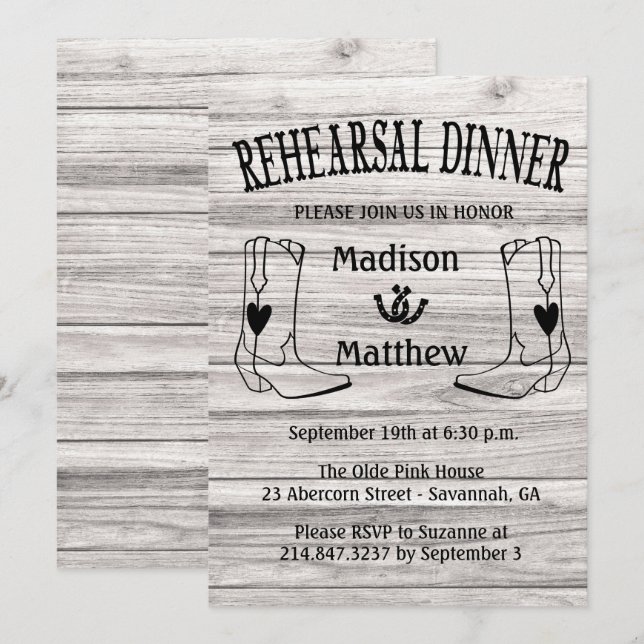 Invitación Cena de ensayo occidental Boots Boda (Anverso / Reverso)