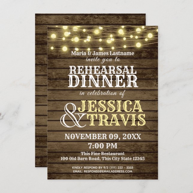 Invitación Cena de ensayo occidental de madera y luces (Anverso / Reverso)