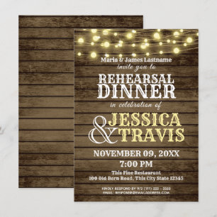 Invitación Cena de ensayo occidental de madera y luces