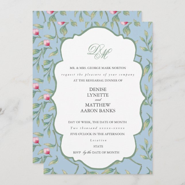 Invitación Cena de ensayo Omphalodes azul y verde albahaca (Anverso / Reverso)