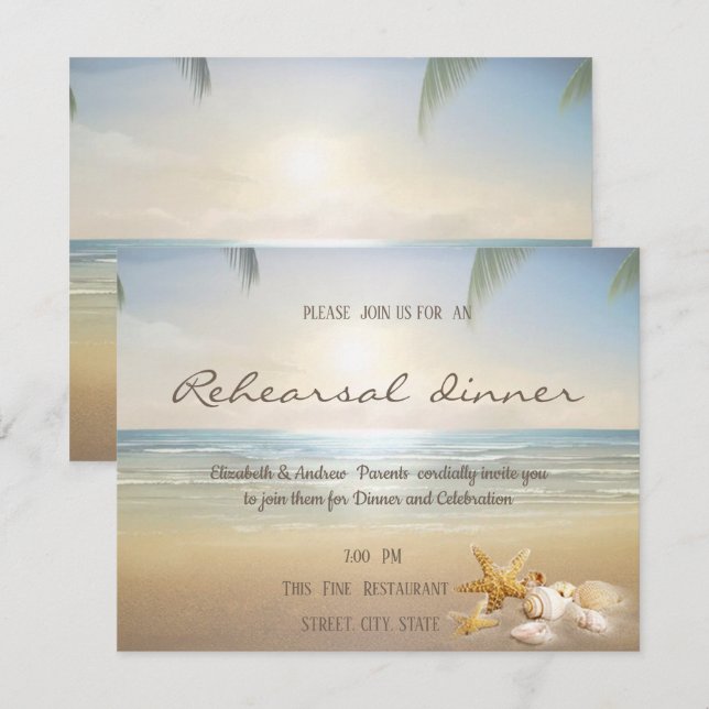 Invitación Cena de ensayo Palms Sunset Beach Seashells (Anverso / Reverso)