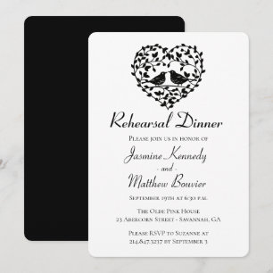 Invitación Cena de Ensayo Palomas de Amor Corazón de Boda Neg