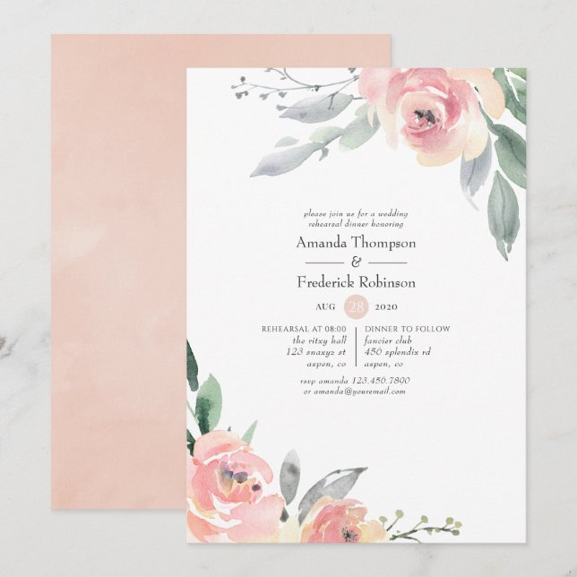 Invitación Cena de ensayo pastel de floral rosa de Rubor (Anverso / Reverso)