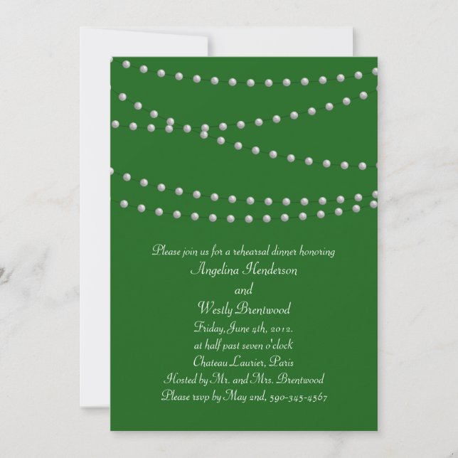 Invitación Cena de Ensayo Perlas Verde Esmeralda (Anverso)