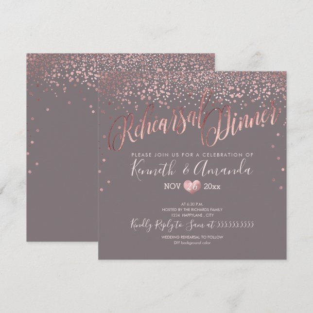 Invitación Cena de ensayo PixDezines/Confetti Faux RoseGold (Anverso / Reverso)